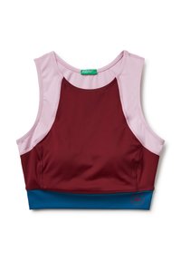 Bordeaux sportbh met roze en blauwe accenten. Heeft een ronde halslijn en een mouwloos ontwerp. Zachte, gestructureerde stof met logodetail.