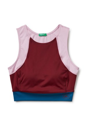 Bordový sportovní podprsenka s růžovými a modrými akcenty. Disponuje kulatým výstřihem a bezrukávovým designem. Měkká, texturovaná tkanina s logem.