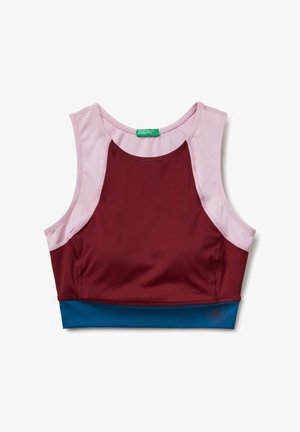 Bordeauxfarbenes Sport-BH mit pinken und blauen Akzenten. Hat einen runden Halsausschnitt und ärmelloses Design. Weicher, strukturierten Stoff mit Logodetail.