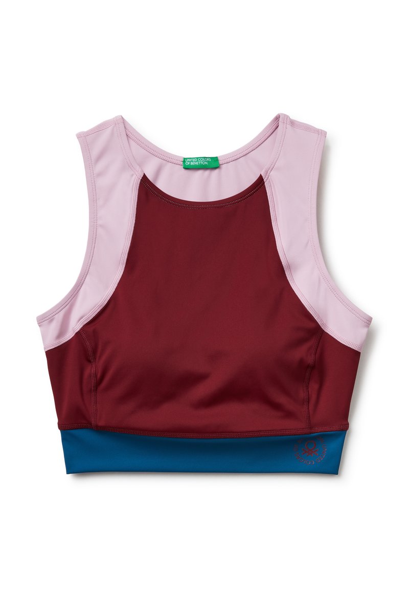 Bordeaux sportbh met roze en blauwe accenten. Heeft een ronde halslijn en een mouwloos ontwerp. Zachte, gestructureerde stof met logodetail.