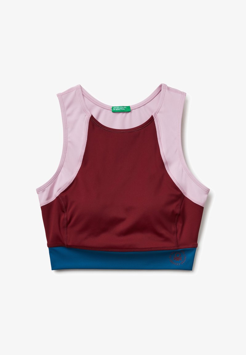 Bordeaux sportbh met roze en blauwe accenten. Heeft een ronde halslijn en een mouwloos ontwerp. Zachte, gestructureerde stof met logodetail.