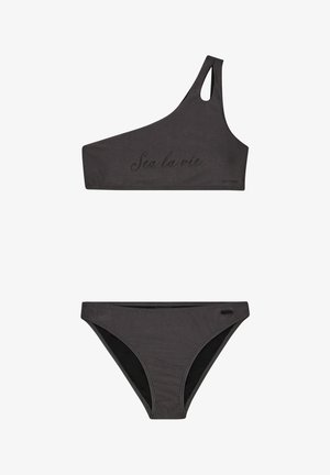 Set di bikini asimmetrico grigio scuro, composto da un top con spallina singola con stampa "Sea la vie" e un fondod'alto taglio abbinato con rifiniture a contrasto.