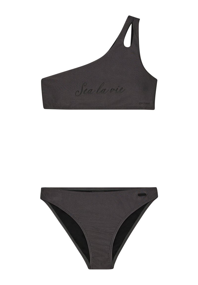 Sette di bikini asimmetrico in grigio scuro, con top a spalla unica con stampa "Sea la vie" e fondo alto abbinato con bordi a contrasto.