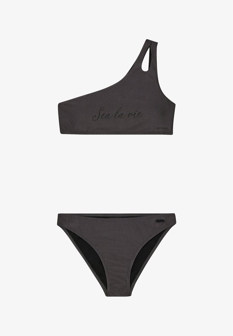 Set di bikini asimmetrico grigio scuro, composto da un top con spallina singola con stampa "Sea la vie" e un fondod'alto taglio abbinato con rifiniture a contrasto.