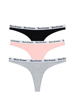Trois culottes thong : noires, rose pâle et grises. Chacune présente une taille douce avec le logo "Juice Couture" en noir. En matière de coton.