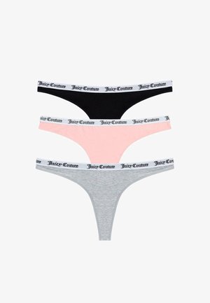 Trei chiloți thong: negru, roz deschis și gri. Fiecare are un talie moale cu logo-ul "Juice Couture" în negru. Material din bumbac.