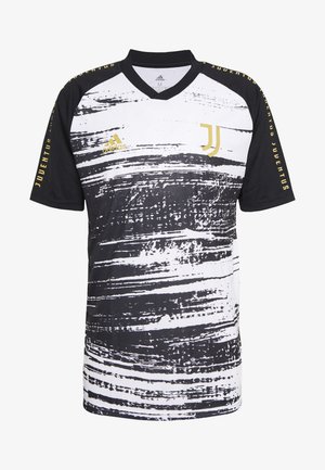 Schwarzes und weißes Fußballtrikot mit kurzen Ärmeln, Pinselstrichmuster, goldenen Akzenten, adidas-Logo und Juventus-Branding.