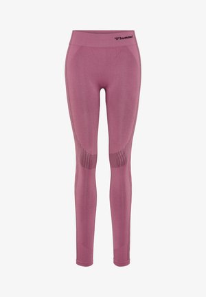Enganliegende Leggings in einem weichen Mauve-Ton mit atmungsaktiven Mesh-Einsätzen und einem elastischen Bund mit dem Hummel-Logo an der Taille.