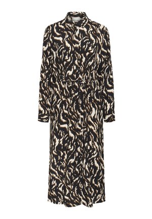 Long-sleeve black dress with a flowing design, featuring an abstract beige and brown pattern, button front, and a waist tie.