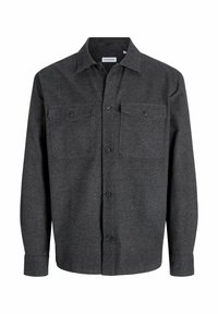 Camisa gris de botonadura hecha de una suave mezcla de lana. Presenta dos bolsillos en el pecho, un cuello estándar y mangas largas. Los botones negros realzan el frente.