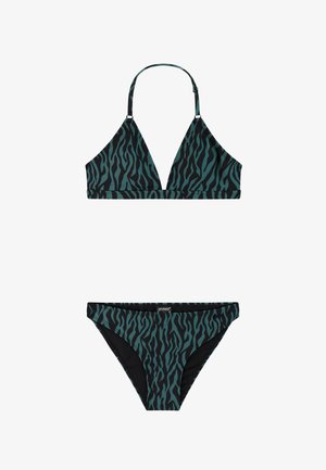 To-delt bikini med mørk teal og sorte zebra-striber, der har en trekantet haltertop og trusser med midt-rise.