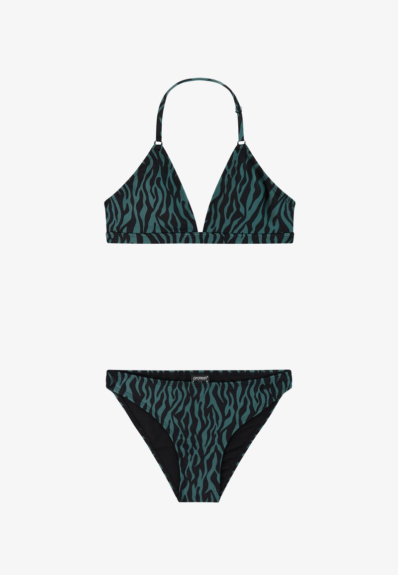 Dvojdielne bikini s tmavomodrozelenými a čiernymi zebrovými pruhmi, obsahujúce trojuholníkový vrchný diel na zaväzovanie za krk a nohavičky s vyšším pásom.