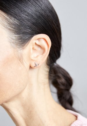 Femme aux cheveux foncés en tresse portant une petite boucle d’oreille clou en forme d’orbe argenté sur son oreille gauche sur un fond clair uni.