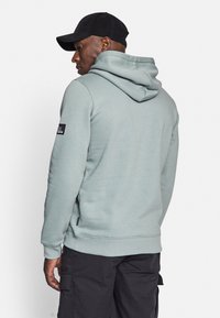 Light gray hoodie with a kangaroo pocket, ribbed cuffs, and hem. Features a logo patch on the left sleeve. Worn with dark cargo pants.