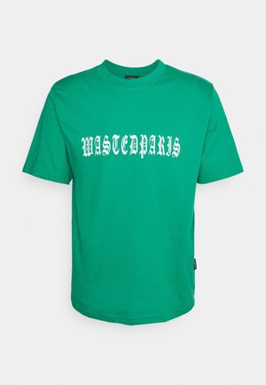 Green short-sleeve crew neck t-shirt with white Gothic script text "WASTEDPARIS" centered on the front.
