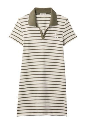 Polokleed met korte mouwen met olijfgroene horizontale strepen, olijfgroene kraag en Calvin Klein-logo op de linkerborst.