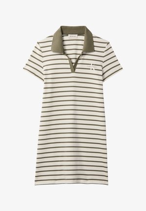 Robe polo manches courtes avec des rayures horizontales vert olive, col olive et logo Calvin Klein sur la poitrine gauche.
