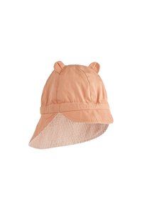 Dječja kapa boje breskve s ušima medvjedića, s prugastom donjom stranom i širokim obodom za zaštitu od sunca. Mekani, lagani materijal.