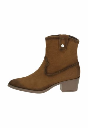 Brown suede ankle boot with a pointed toe, low square heel, and decorative stitching along the upper edge and side panel. Metal snap accent included.