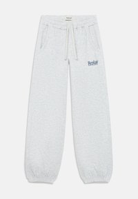 Ljusgrå joggers i mjukt tyg, med elastisk midja och justerbar dragsko, sidofickor och ribbade muddar. "Replay"-logotyp i blått.