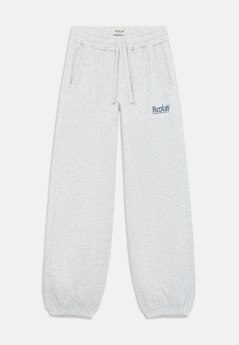 Ljusgrå joggers i mjukt tyg, med elastisk midja och justerbar dragsko, sidofickor och ribbade muddar. "Replay"-logotyp i blått.