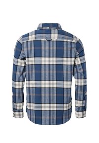 Chemise à manches longues à carreaux bleu, blanc et gris avec poignets boutonnés, vue de dos sur fond blanc.