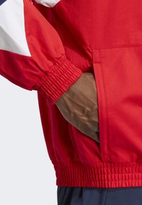 Chaqueta roja con puños y cinturilla elásticos, incluye un bolsillo lateral. Presenta elementos de diseño en blanco y azul contrastantes. Textura suave.