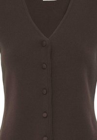 Cardigan marron tricoté sans manches avec des boutons, col en V et boutons recouverts de tissu sur le devant.