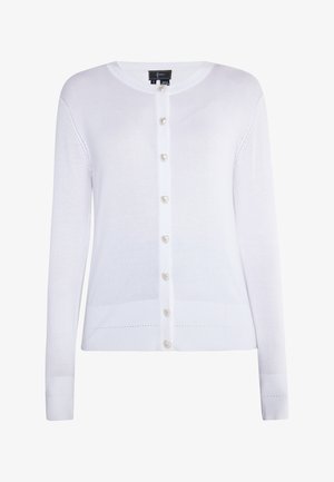 Fehér kötött kardigán hosszú ujjal, kerek nyakkal és szív alakú gombokkal. Bordás mandzsettákkal és finom textúrájú mintával rendelkezik.