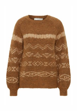 Hnědý pletený svetr s geometrickým krémovým vzorem, kulatým výstřihem a žebrovanými manžetami. Měkká textura s volným střihem.