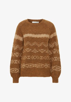 Brun stickad tröja med ett geometriskt krämfärgat mönster, rund hals och ribbade ärmslut. Mjuk textur med en avslappnad passform.