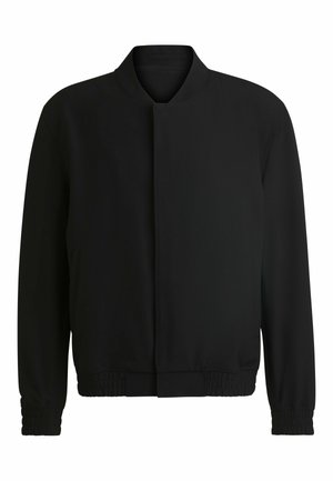 Black bomber jacket with a stand-up collar, elasticated cuffs and hem, and a smooth fabric texture. No visible hardware or patterns.