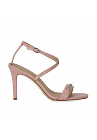 Sandal con tacco alto rosa, con sottili cinturini incrociati e una fibbia. Presenta una finitura in pelle liscia e un piccolo accento metallico nella parte anteriore.