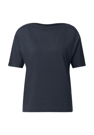 Dark blue relaxed-fit t-shirt with short sleeves and a wide neckline. Made from soft fabric with a smooth texture and minimal stitching details.