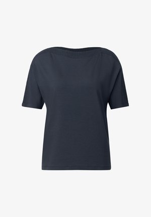 Dunkelblaues, lässig geschnittenes T-Shirt mit kurzen Ärmeln und weiter Ausschnitt. Hergestellt aus weichem Stoff mit glatter Textur und minimalen Nähten.