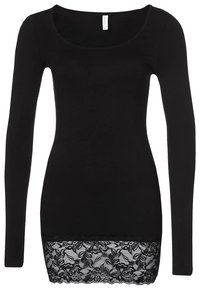Langärmliges schwarzes Oberteil mit Rundhalsausschnitt und Spitzenbesatz am Saum. Aus weichem Stoff und taillierter Passform gefertigt.