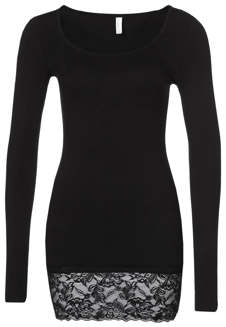 Langärmliges schwarzes Oberteil mit Rundhalsausschnitt und Spitzenbesatz am Saum. Aus weichem Stoff und taillierter Passform gefertigt.