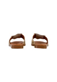 Sandale marron à dos ouvert, avec une large sangle centrale et une semelle plate. Fabriquée en matériau lisse avec une semelle intérieure texturée. Design léger.