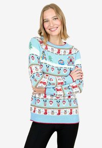 Pulover tricotat de culoare albastru deschis, decorat cu modele festive de omuleți de zăpadă, reni și pomi, având accente roșii și verzi, cu manșete și tiv nervurat.