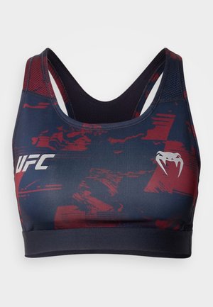UFC sports bra in navy and red with a textured abstract pattern. Features wide straps and a fitted design with a logo print on the front.