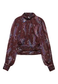 Blouse bourgogne en tissu léger, présentant un motif paisley en bleu et violet. Manches longues et volumineuses avec un détail froncé à la taille.