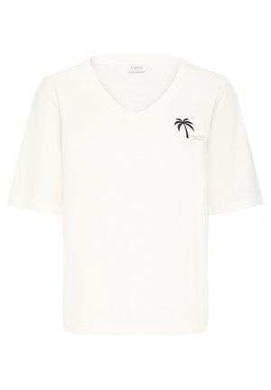 Valge V-kaelusega lühikeste varrukatega särk, millel on vasakul rinnal väike must palmi puu graafika ja peen tikitud tekst.