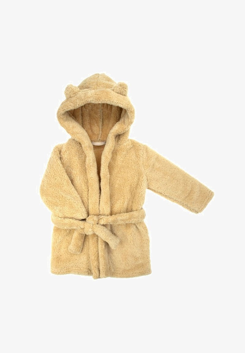 Beżowy szlafrok z polaru z kapturem i uszami niedźwiedzia, długimi rękawami, przewiązywaniem w talii i miękką teksturą. Pluszowy materiał na całej powierzchni.