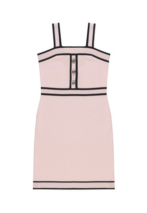 Vestito leggero rosa chiaro senza maniche con bordo nero, scollo quadrato, tre bottoni decorativi al centro davanti e righe orizzontali nere in vita e sull'orlo.