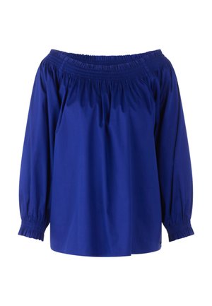 Blue off-shoulder blouse with long puffed sleeves and elasticized neckline and cuffs, made of smooth fabric.