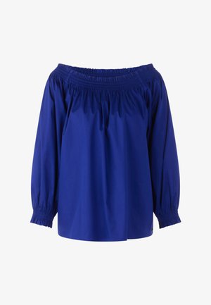 Blue off-shoulder blouse with long puffed sleeves and elasticized neckline and cuffs, made of smooth fabric.
