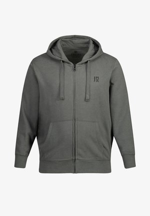 Grå lynlås hættejakke lavet af blød bomuldsblanding. Har en hætte med snor, kengurulommer og et logo på brystet. Ribstrikkede manchetter og kant.