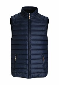 Navy blue ocieplana kamizelka z wysokim kołnierzem, pikowanym wzorem, zapięciem na zamek z przodu oraz dwoma bocznymi kieszeniami. Gładka, błyszcząca tekstura materiału.