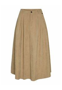Khaki midi seelik tekstureeritud kangast, millel on voltimine, vöökoht nupp ja voolav A-line kujundus.