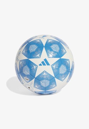 Adidas voetbal met een wit en blauw ontwerp, hexagonale panelen, textuurelementen en UEFA Champions League branding. Maat 5.